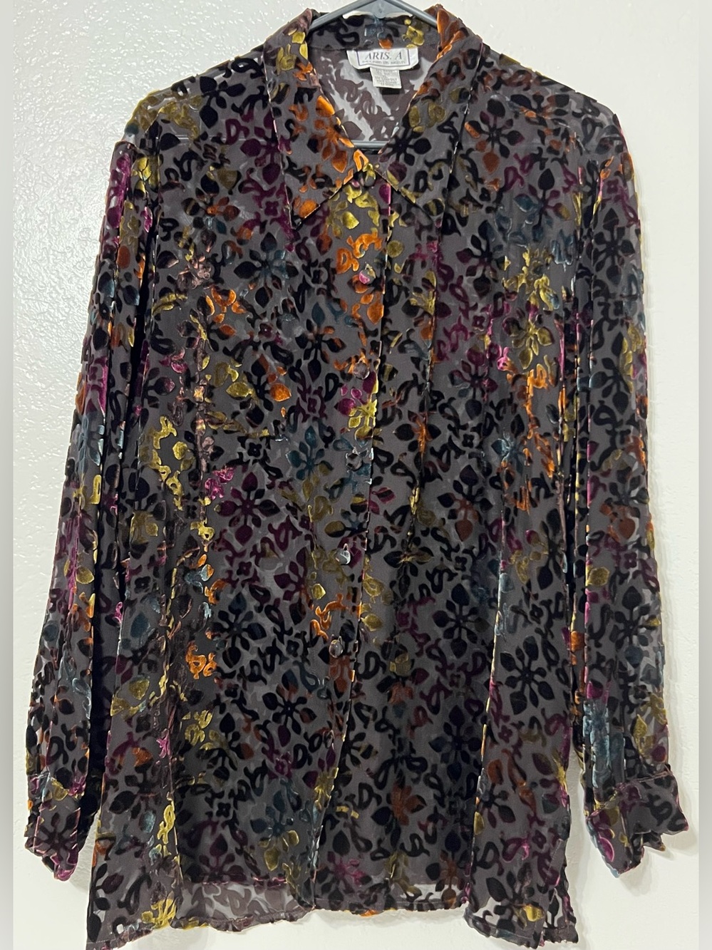 ARIS.A Burnout Velvet Silk Blend Sheer Button Front Blouse Boho Romantic